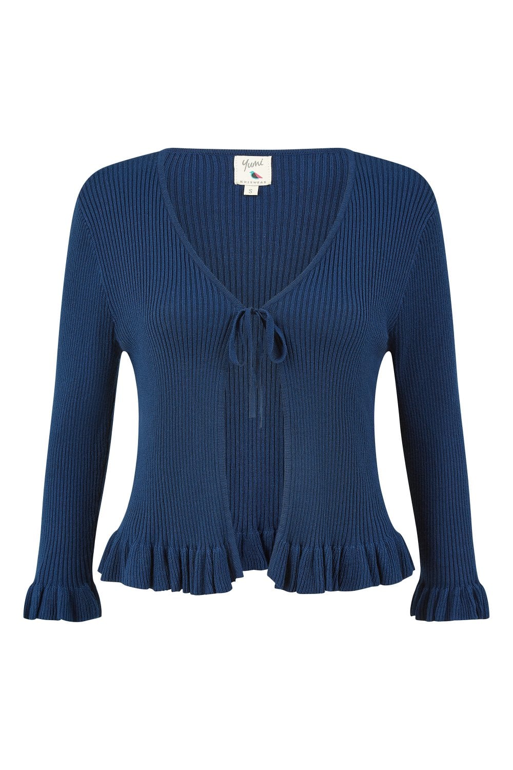 Yumi Navy Tie Up Ribbed Cardigan With Frill Hem Yumi