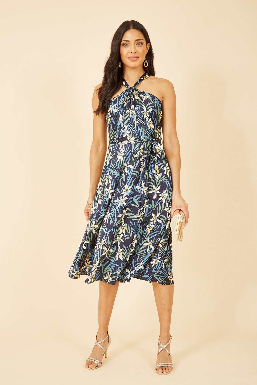 Yumi Navy Tropical Print Satin Cross Neck Midi Dress Yumi