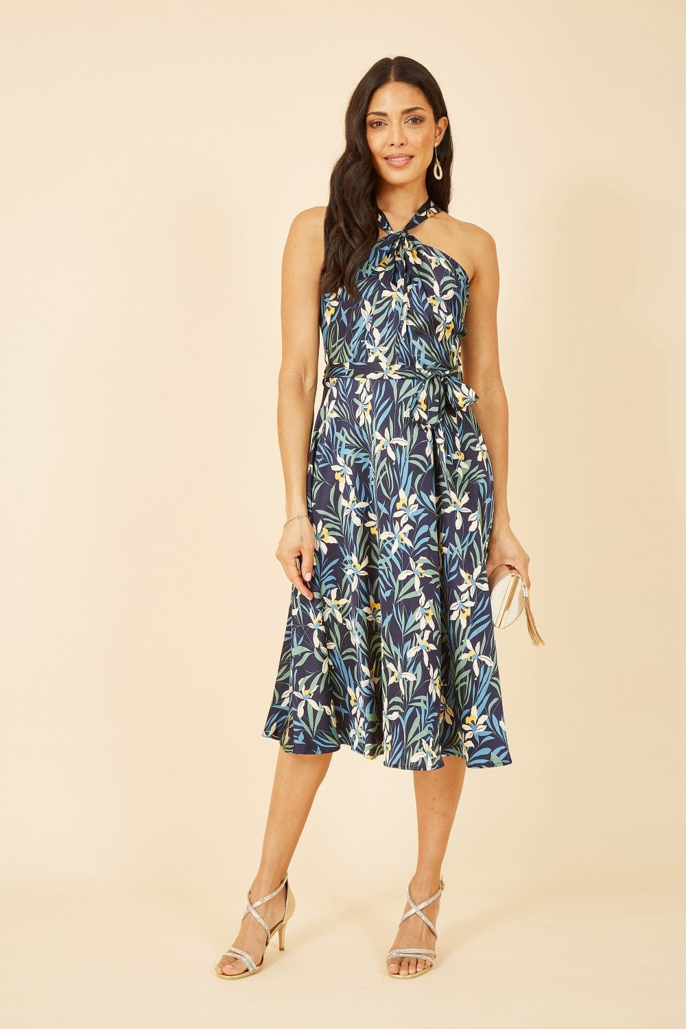 Yumi Navy Tropical Print Satin Cross Neck Midi Dress Yumi