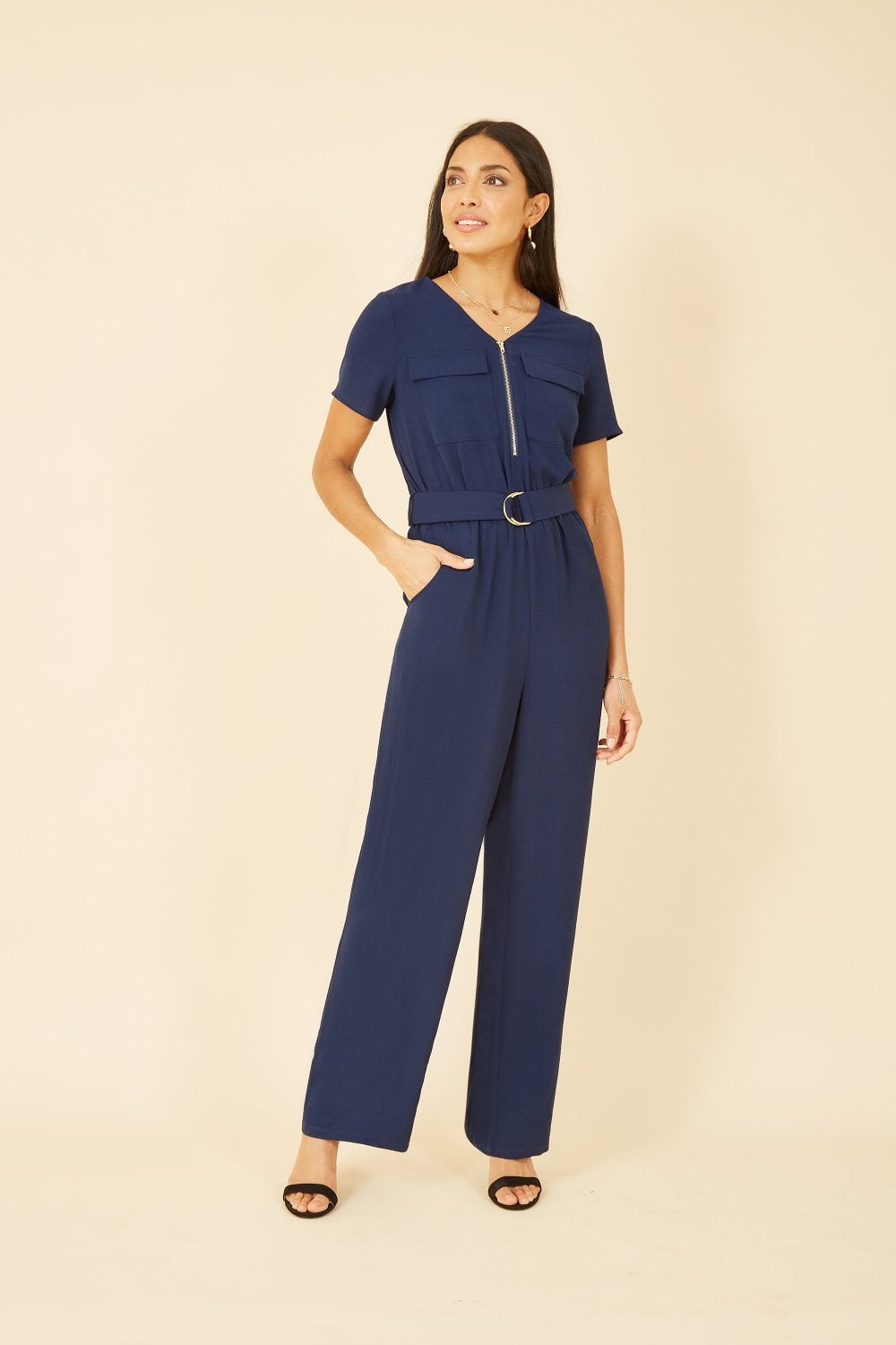 Yumi Navy Utility Jumpsuit With Zip And Belt Detail Yumi