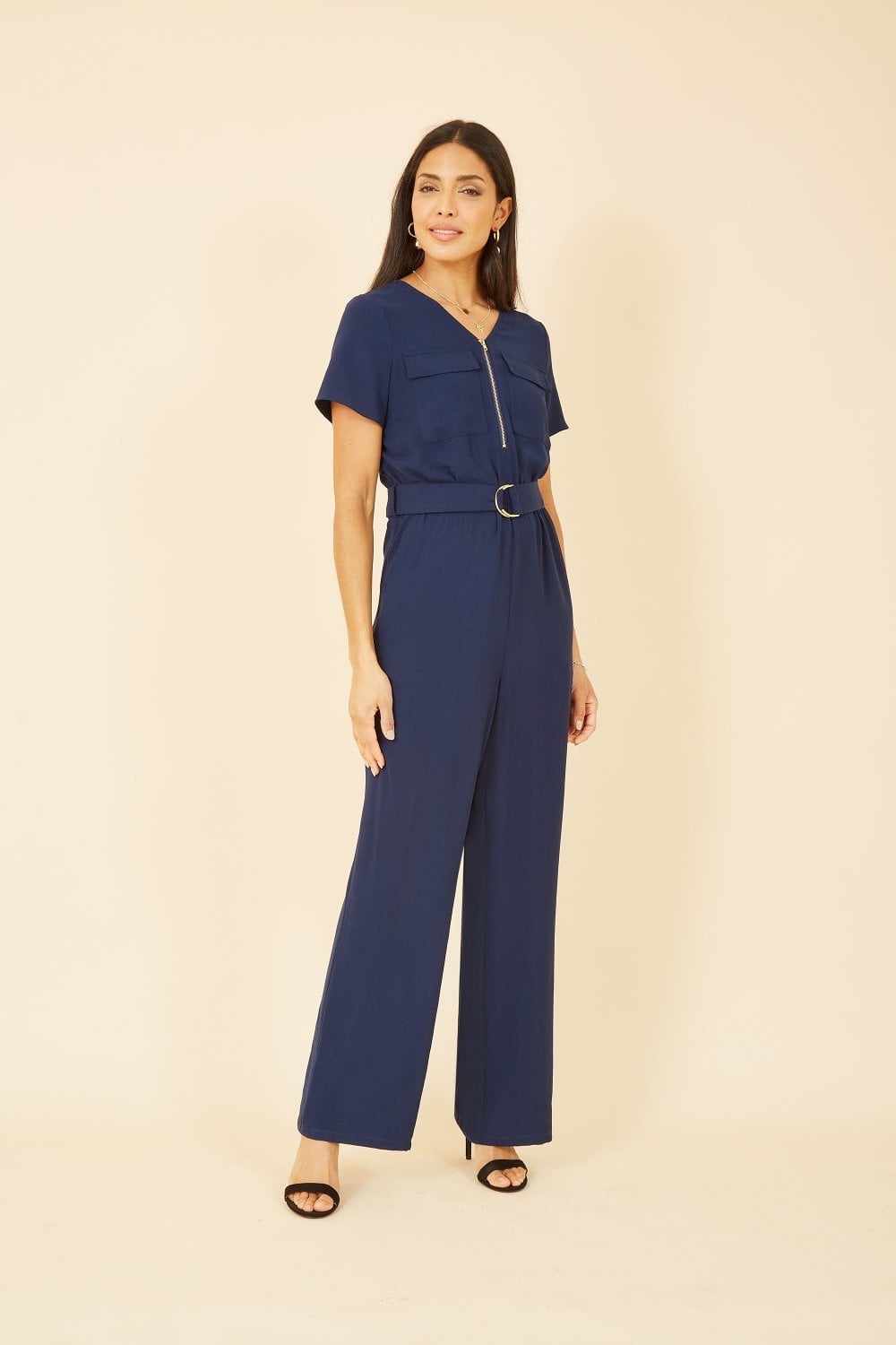 Yumi Navy Utility Jumpsuit With Zip And Belt Detail Yumi