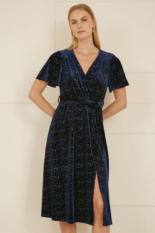 Yumi Navy Velvet Sparkle Wrap Midi Dress Yumi