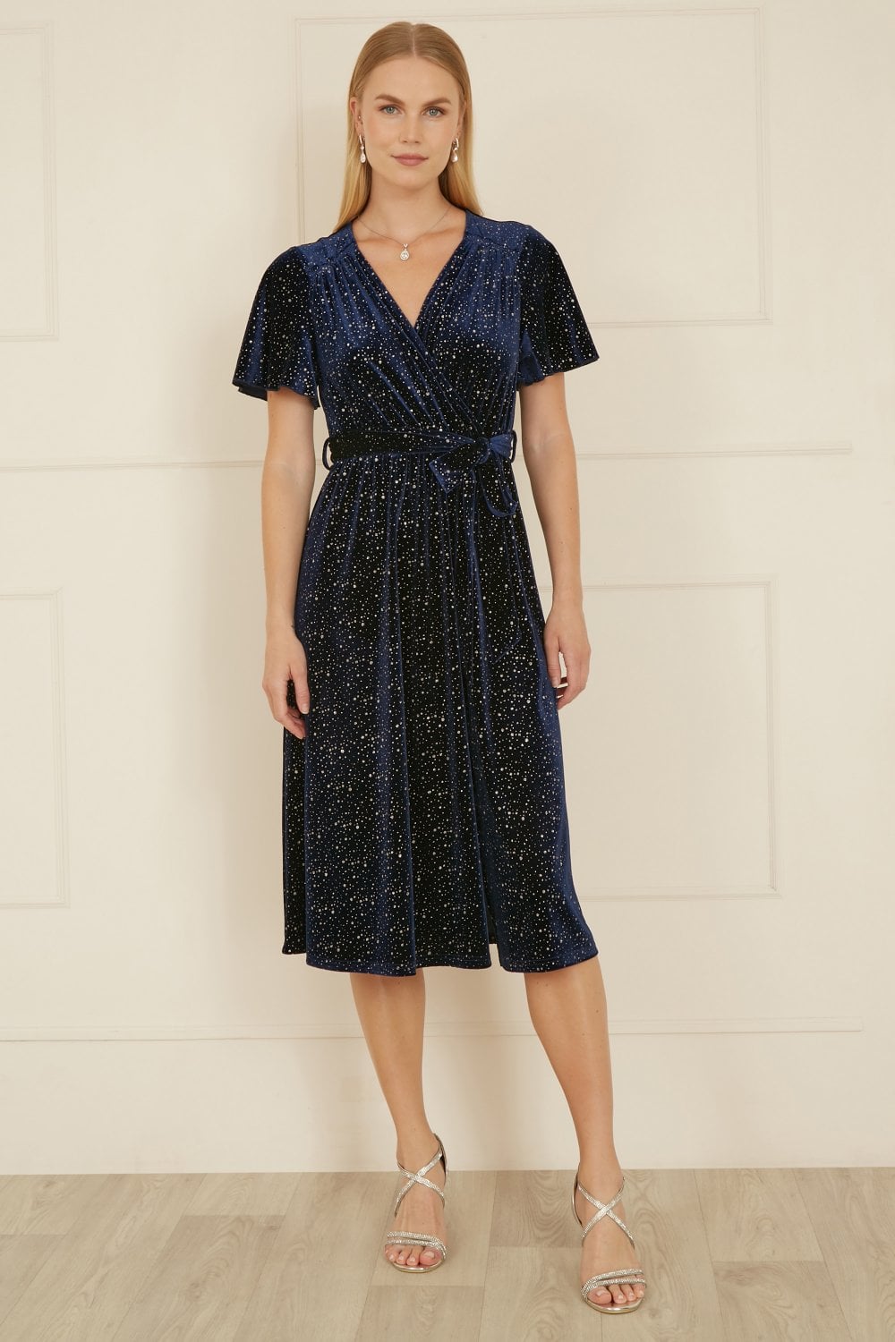 Yumi Navy Velvet Sparkle Wrap Midi Dress Yumi