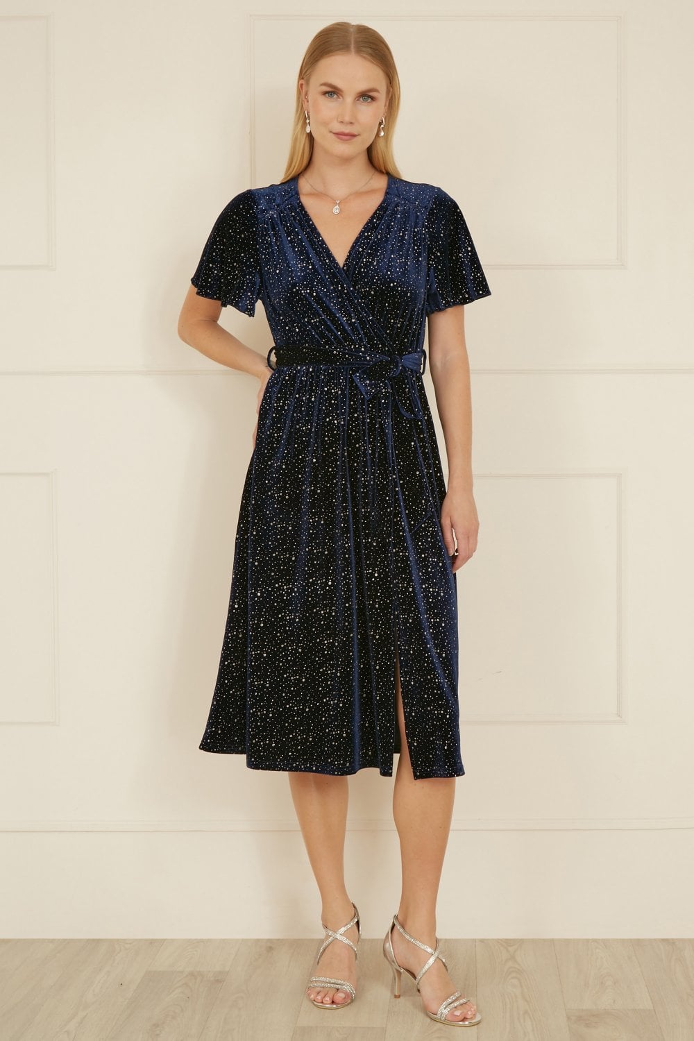 Yumi Navy Velvet Sparkle Wrap Midi Dress Yumi