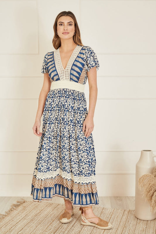 Yumi Navy Viscose Leaf Print Maxi Dress With Lace Trim Yumi