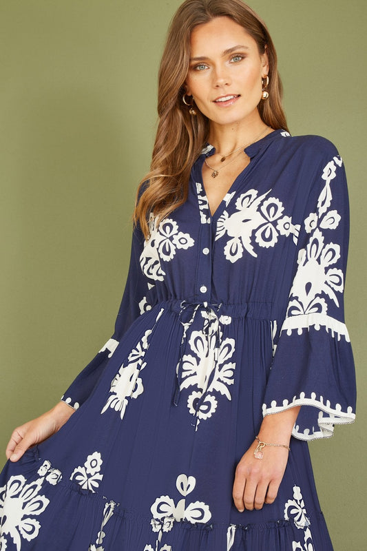 Yumi Navy Viscose Midi Dress With Long Sleeves Yumi