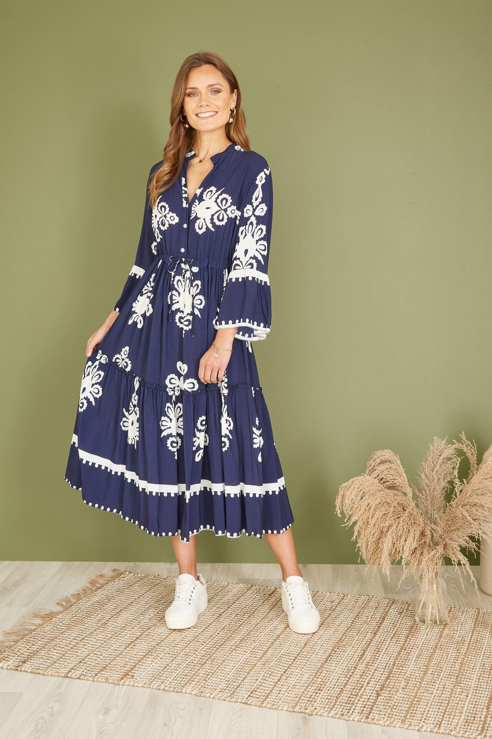 Yumi Navy Viscose Midi Dress With Long Sleeves Yumi