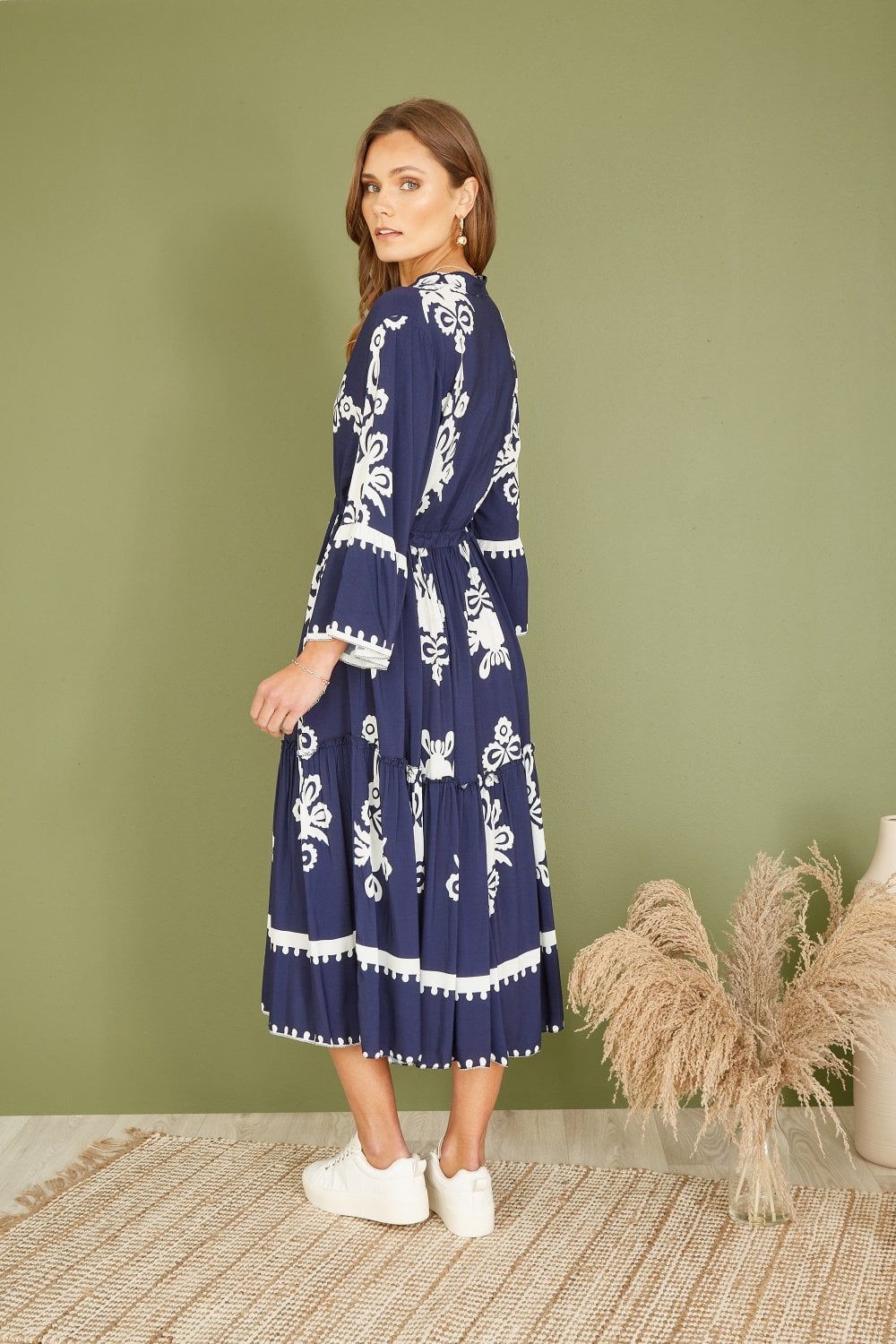 Yumi Navy Viscose Midi Dress With Long Sleeves Yumi