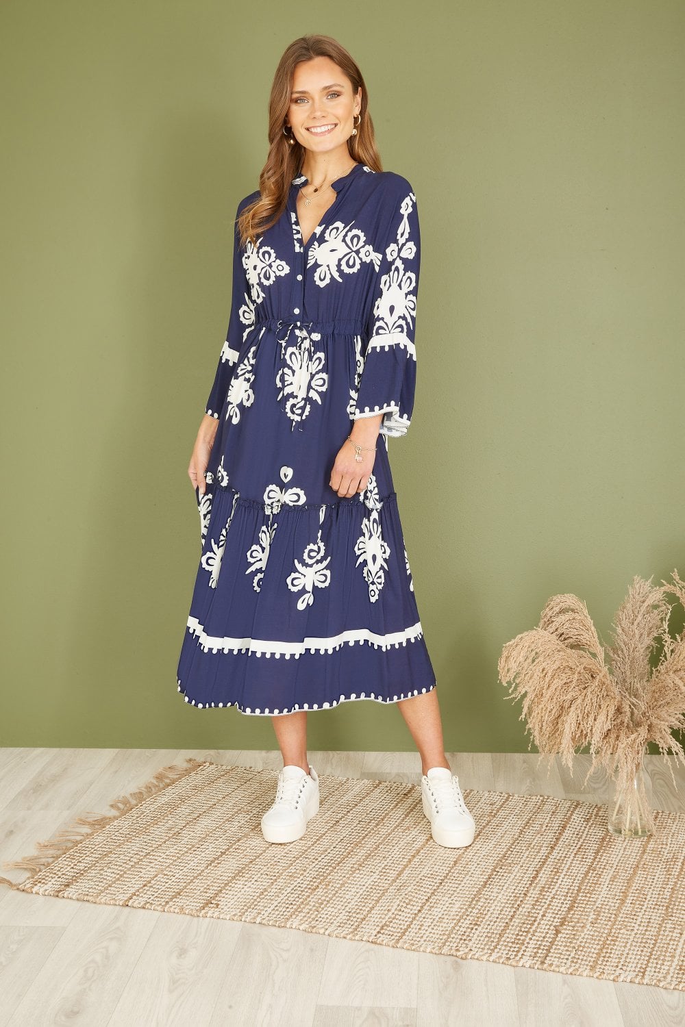 Yumi Navy Viscose Midi Dress With Long Sleeves Yumi