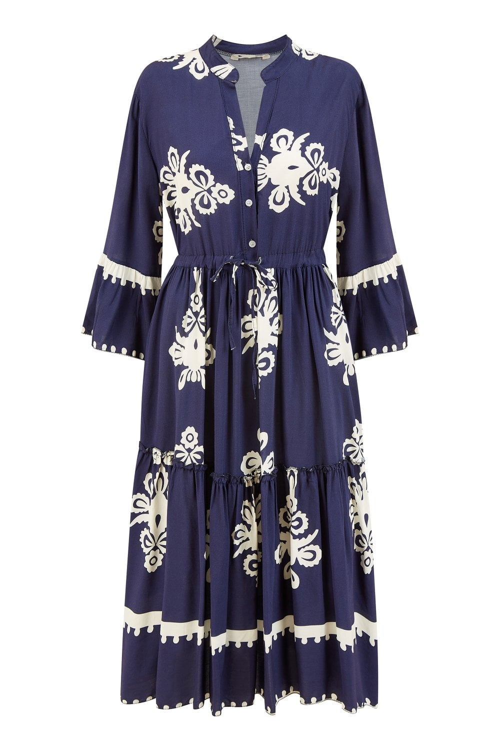 Yumi Navy Viscose Midi Dress With Long Sleeves Yumi