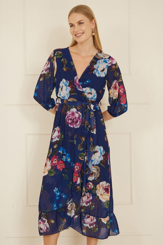 Yumi Navy Watercolour Dip Hem Midi Wrap Dress Yumi