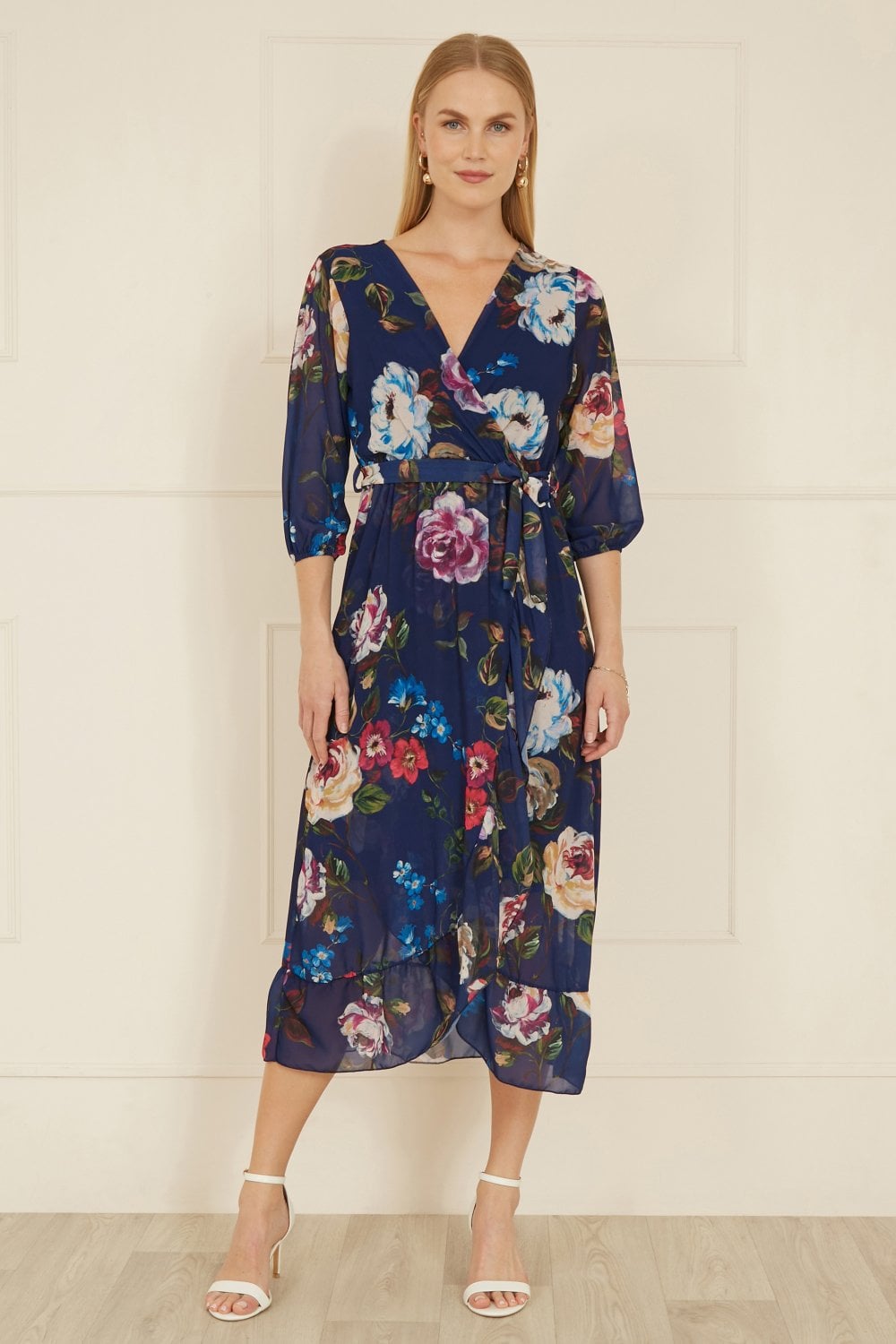 Yumi Navy Watercolour Dip Hem Midi Wrap Dress Yumi