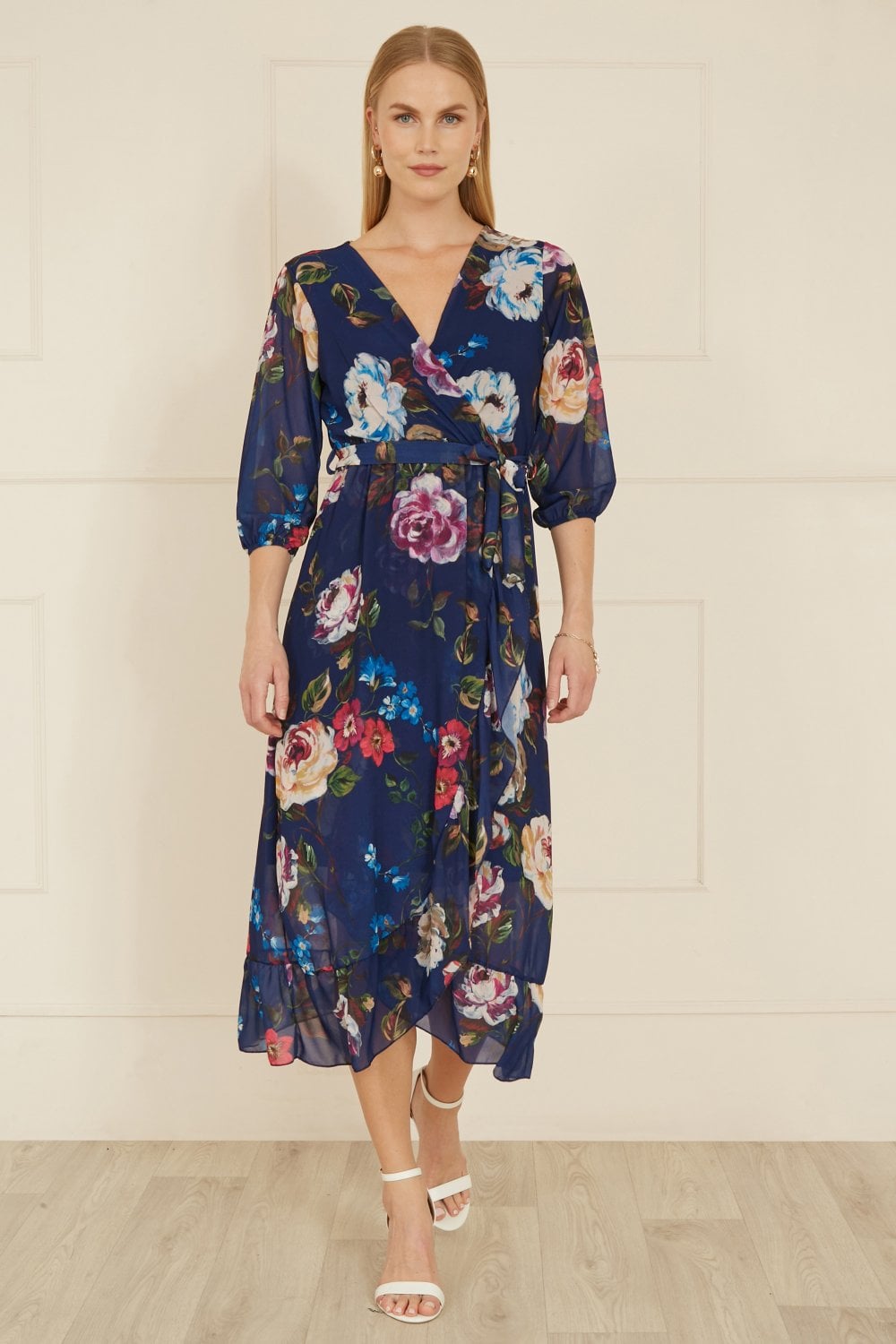 Yumi Navy Watercolour Dip Hem Midi Wrap Dress Yumi