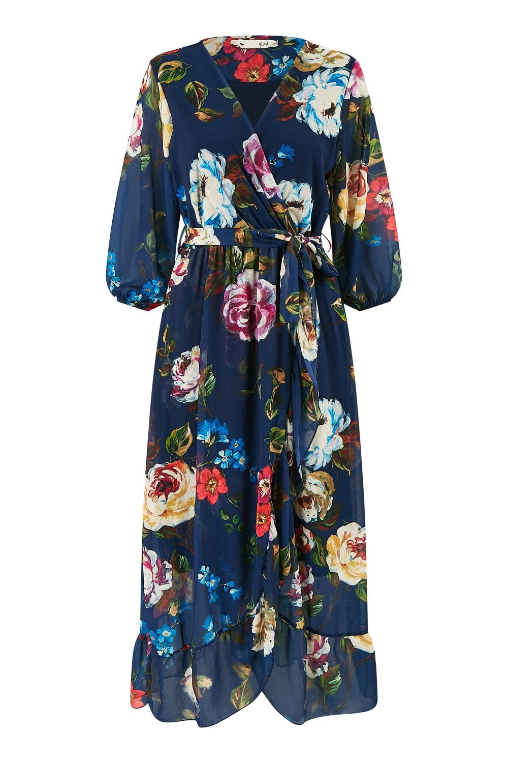 Yumi Navy Watercolour Dip Hem Midi Wrap Dress Yumi