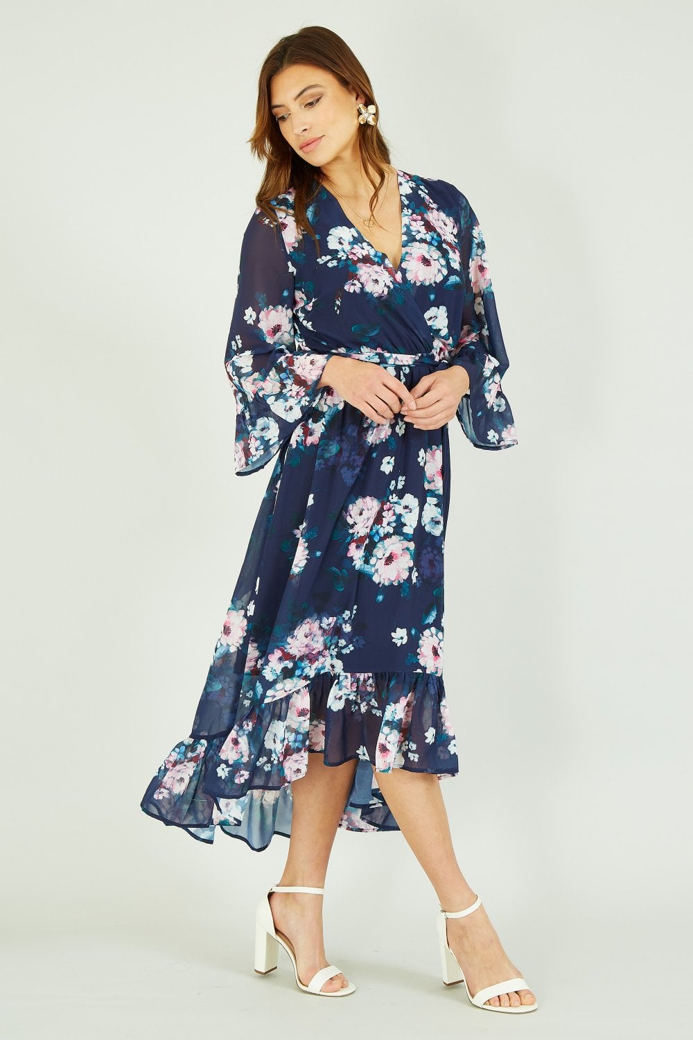 Yumi Navy Watercolour Floral Dip Hem Midi Dress Yumi