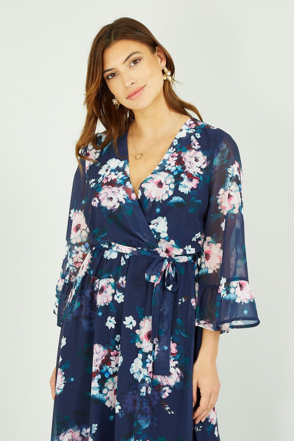 Yumi Navy Watercolour Floral Dip Hem Midi Dress Yumi