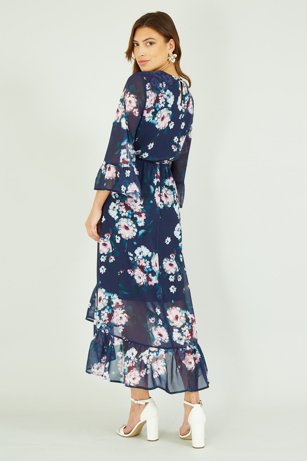 Yumi Navy Watercolour Floral Dip Hem Midi Dress Yumi