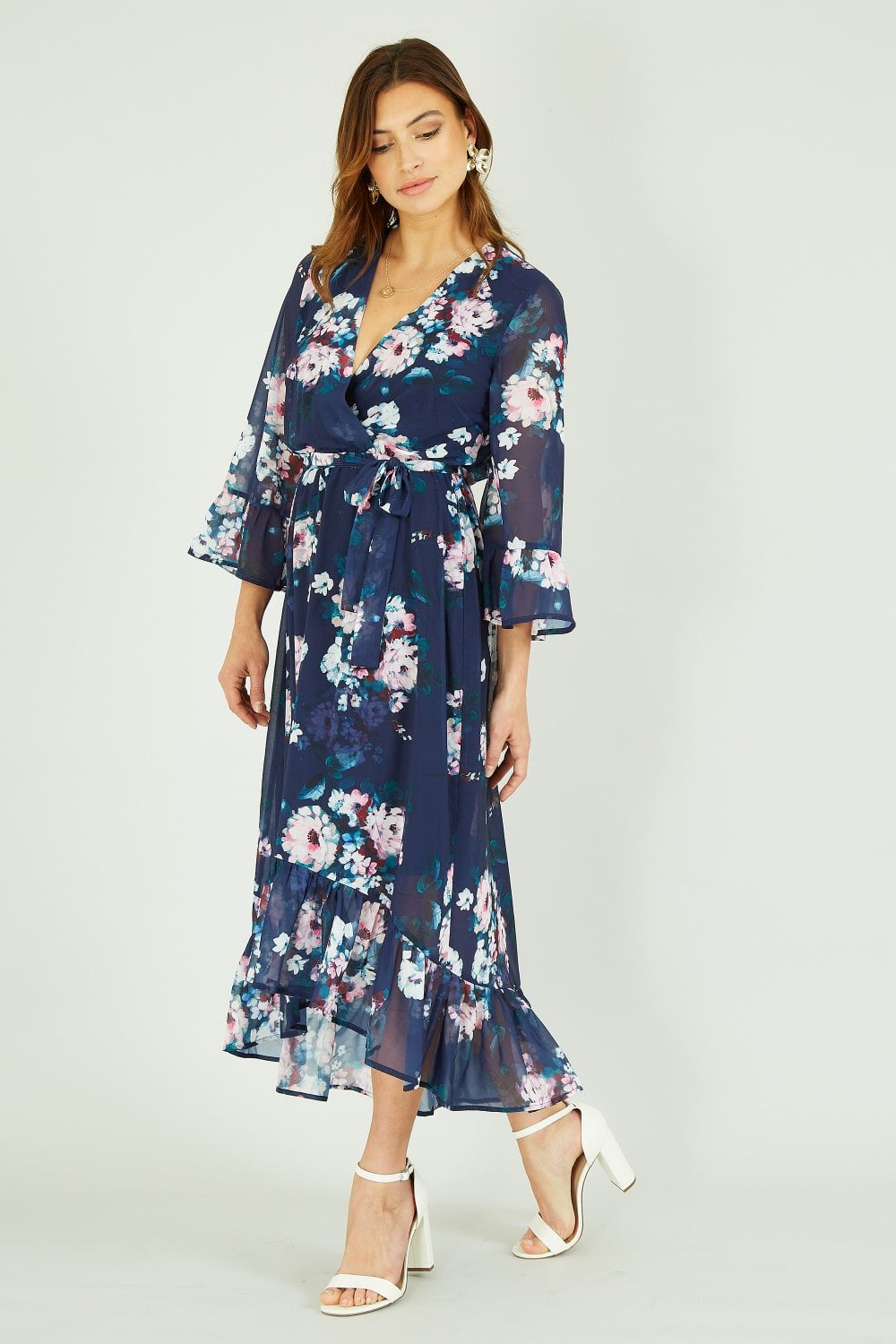 Yumi Navy Watercolour Floral Dip Hem Midi Dress Yumi