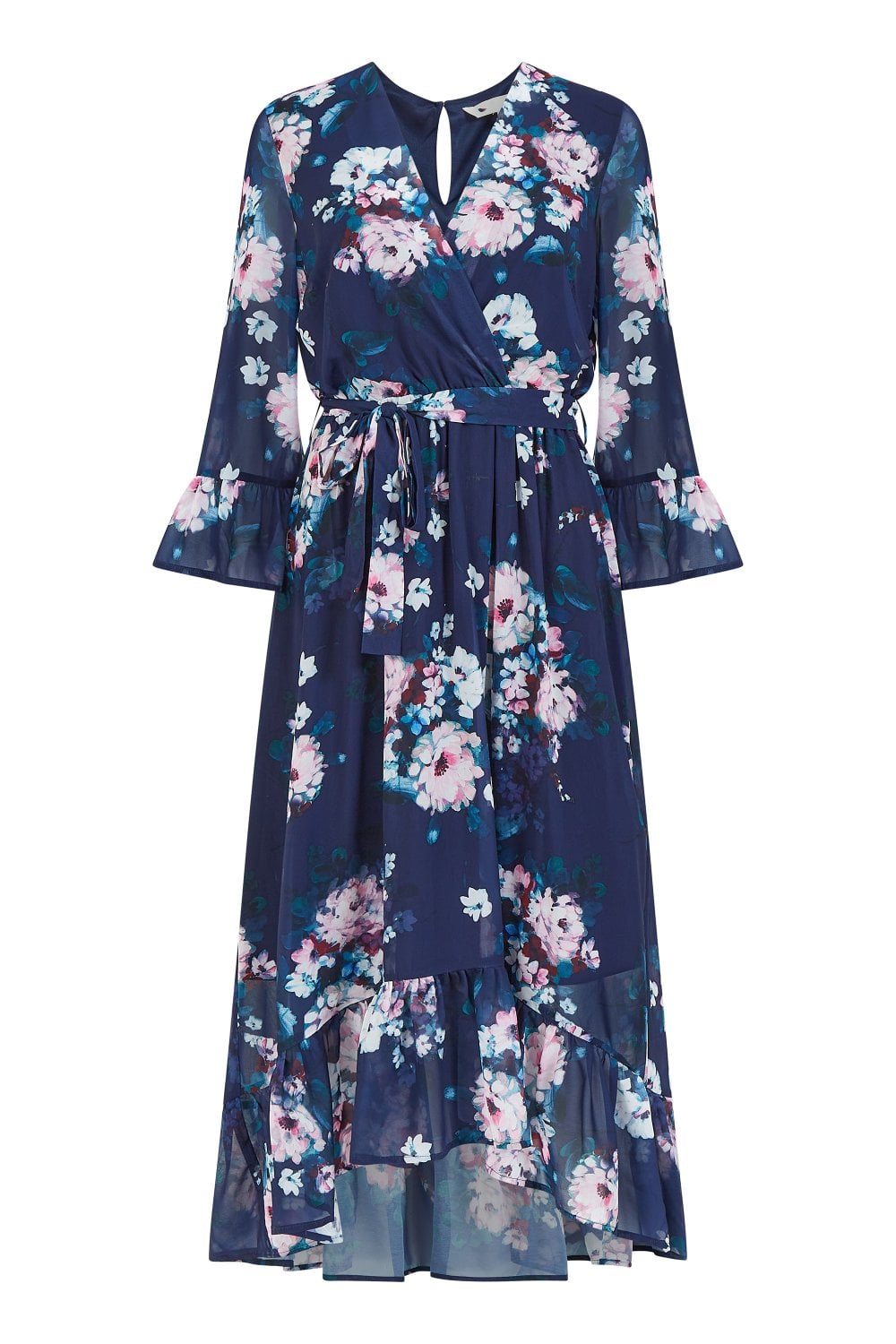 Yumi Navy Watercolour Floral Dip Hem Midi Dress Yumi