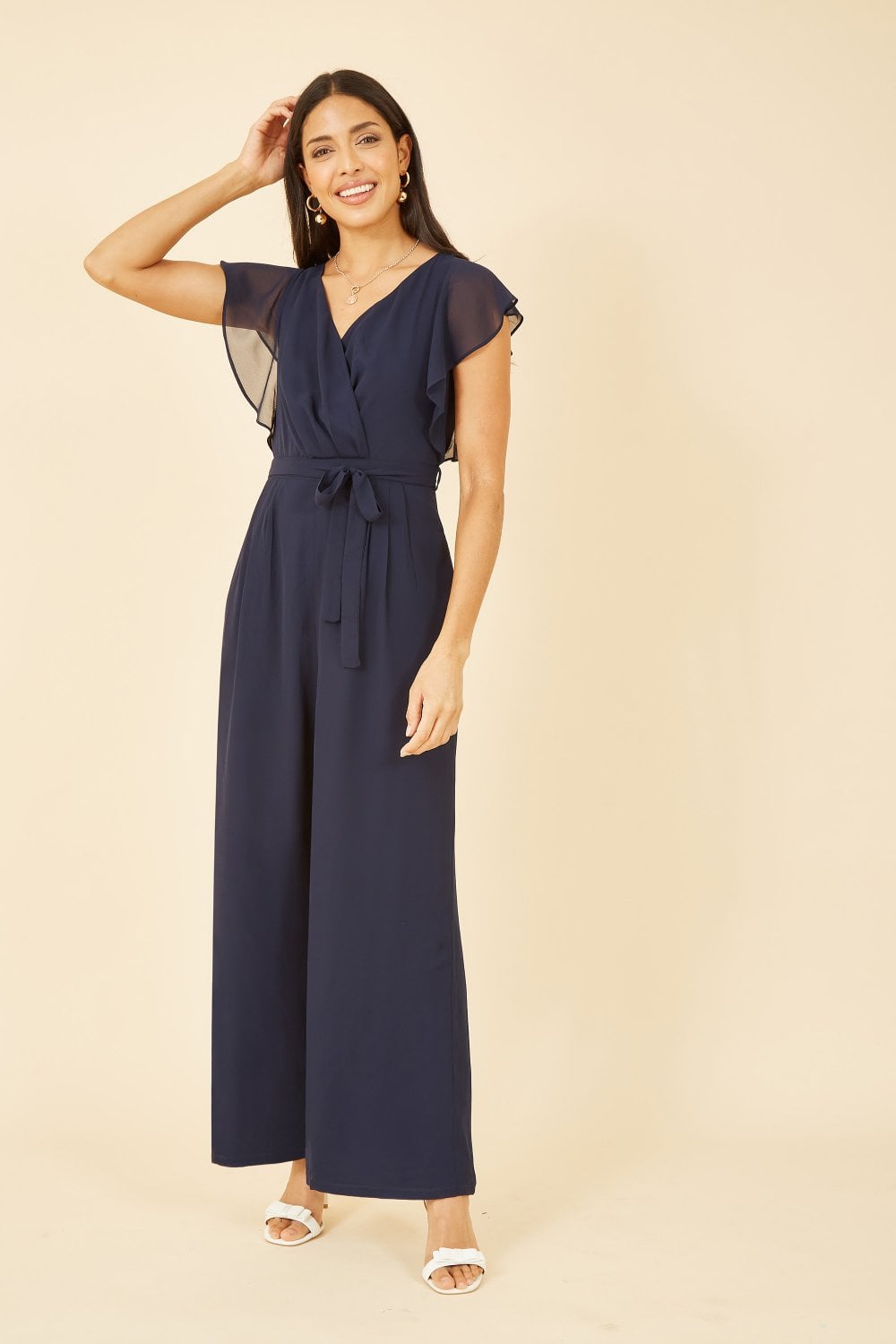 Yumi Navy Wrap Jumpsuit With Ruffle Sleeves Yumi