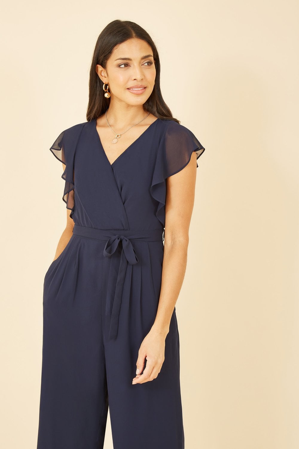 Yumi Navy Wrap Jumpsuit With Ruffle Sleeves Yumi