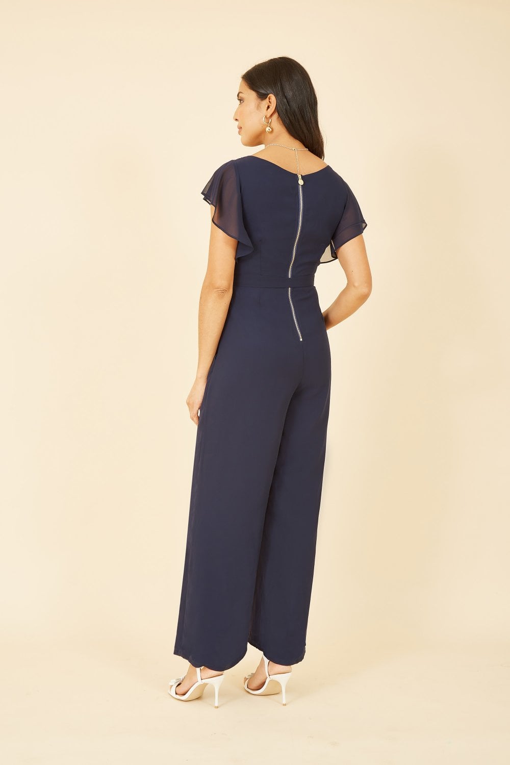 Yumi Navy Wrap Jumpsuit With Ruffle Sleeves Yumi