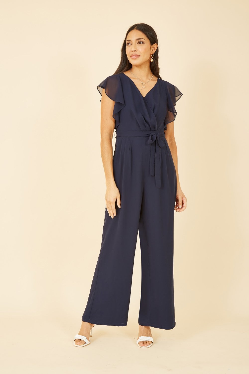 Yumi Navy Wrap Jumpsuit With Ruffle Sleeves Yumi