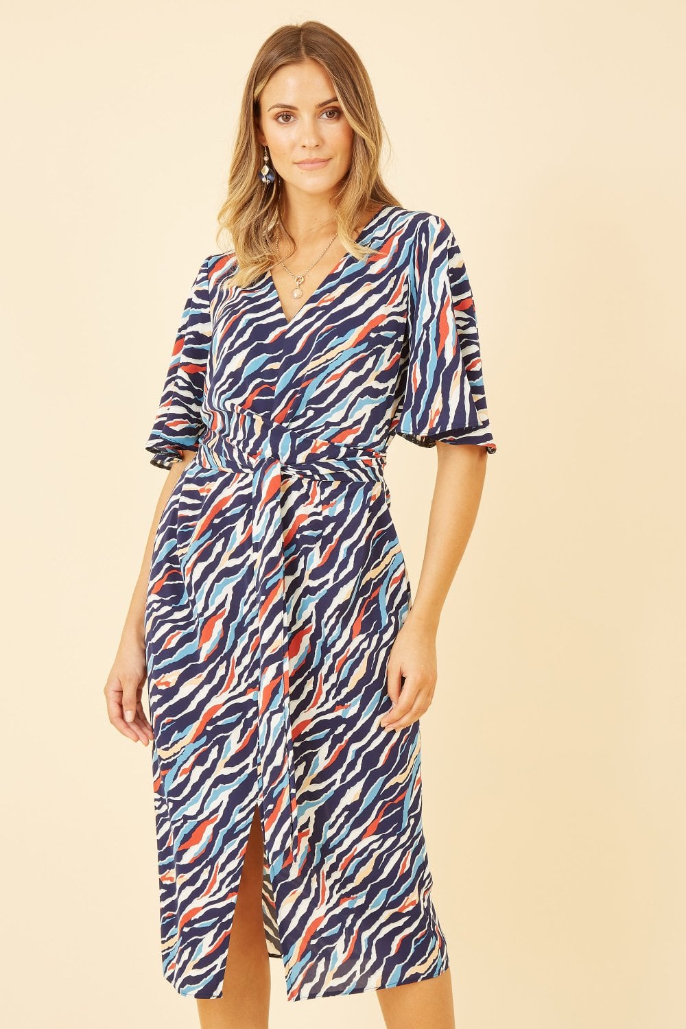 Yumi Navy Zebra Stripe Kimono Sleeve Midi Dress Yumi