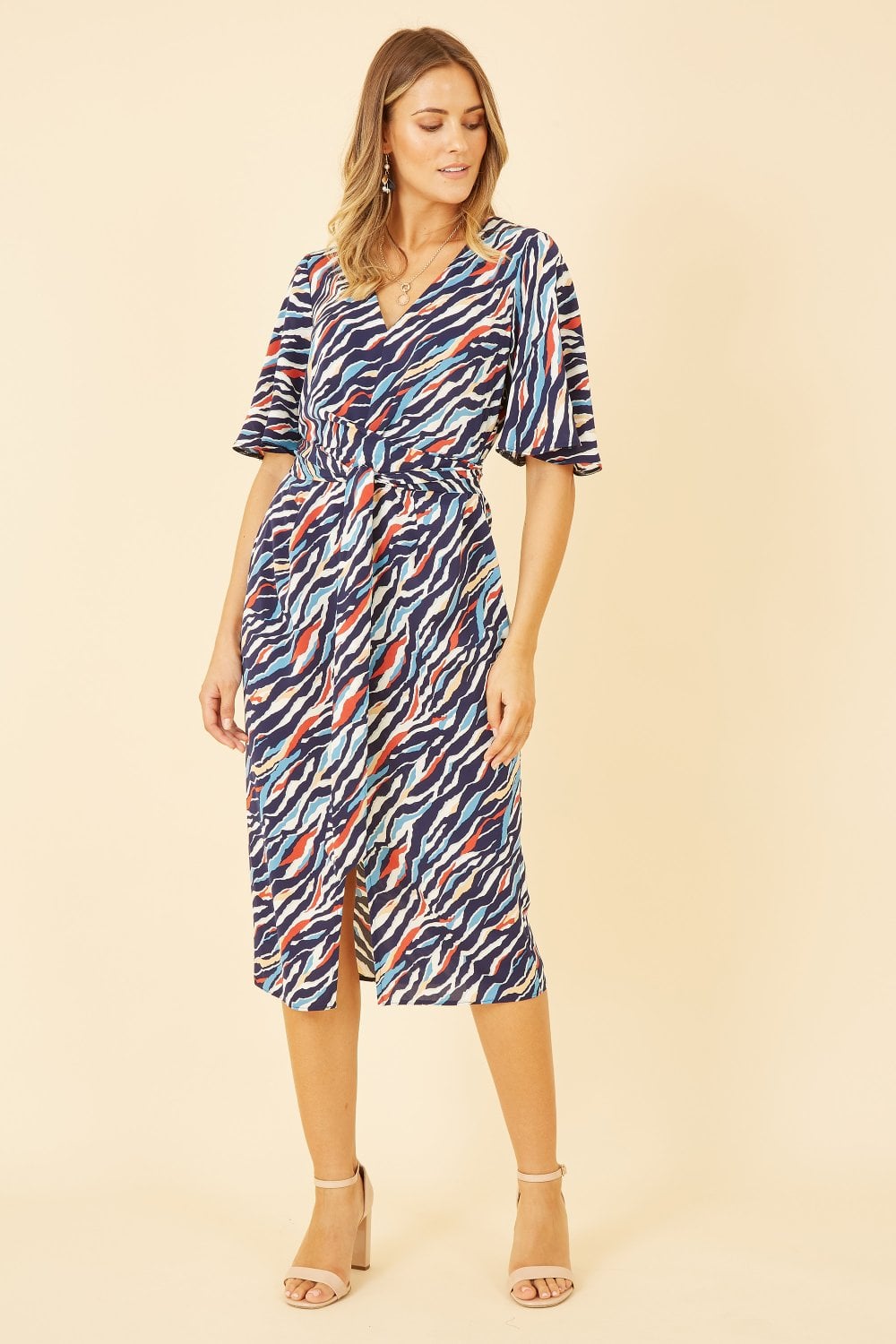 Yumi Navy Zebra Stripe Kimono Sleeve Midi Dress Yumi