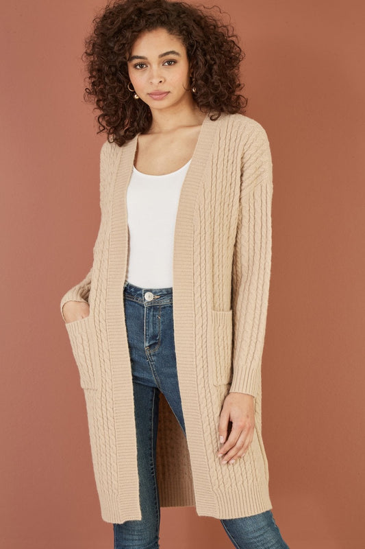 Yumi Oatmeal Cable Knit Edge to Edge Long Cardigan With Pockets Yumi