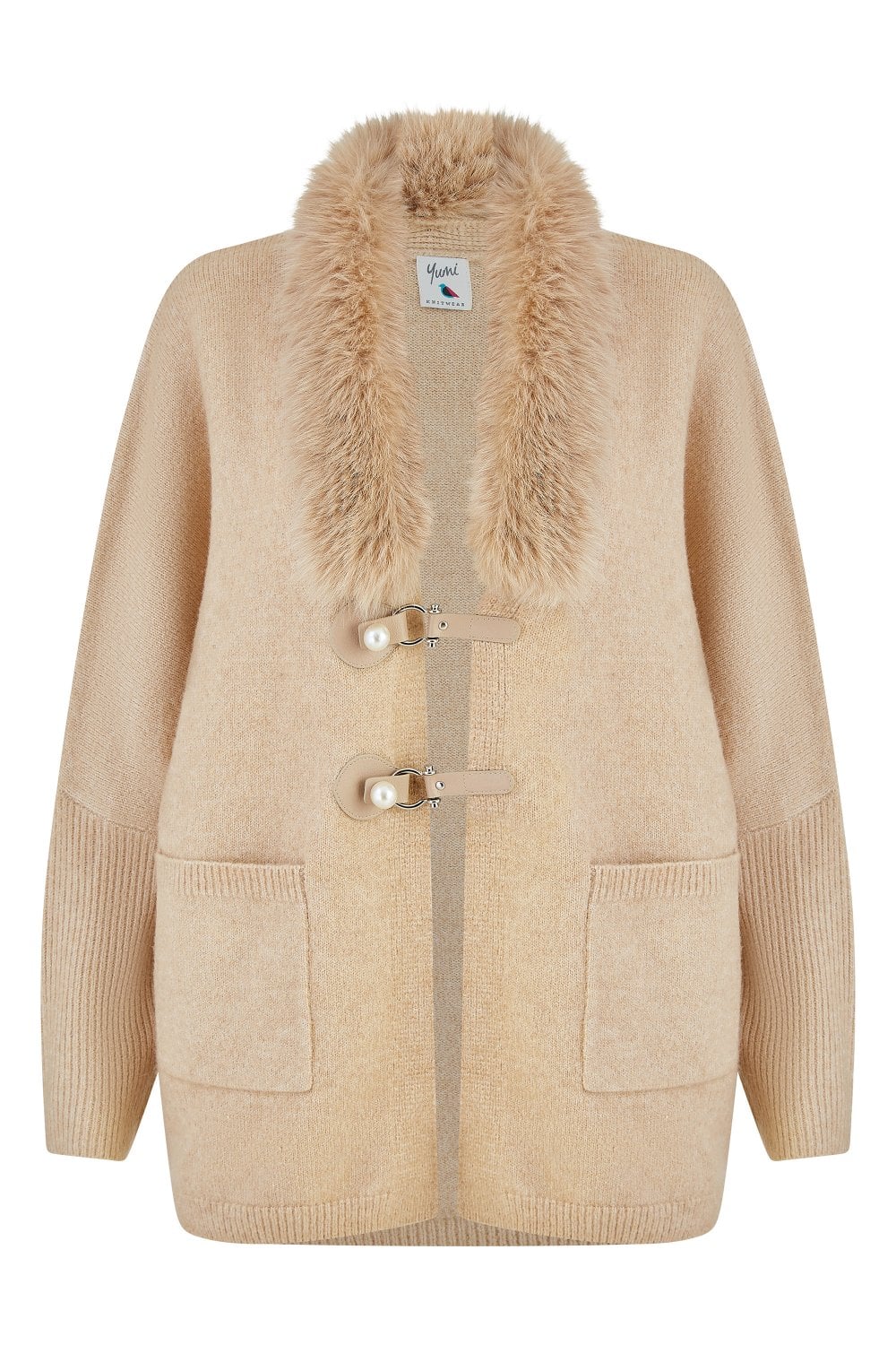 Yumi Oatmeal Cardigan With Detachable Fur Collar Trim Yumi