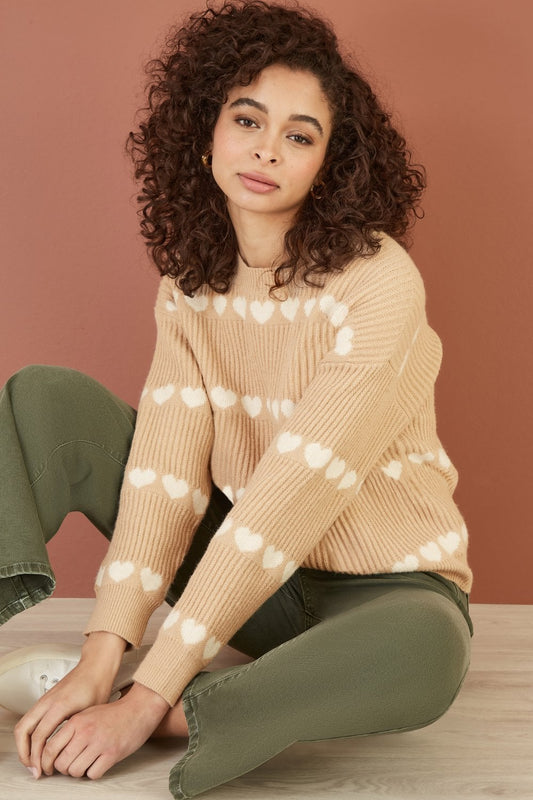 Yumi Oatmeal Knitted Jumper With Heart Stripes Yumi