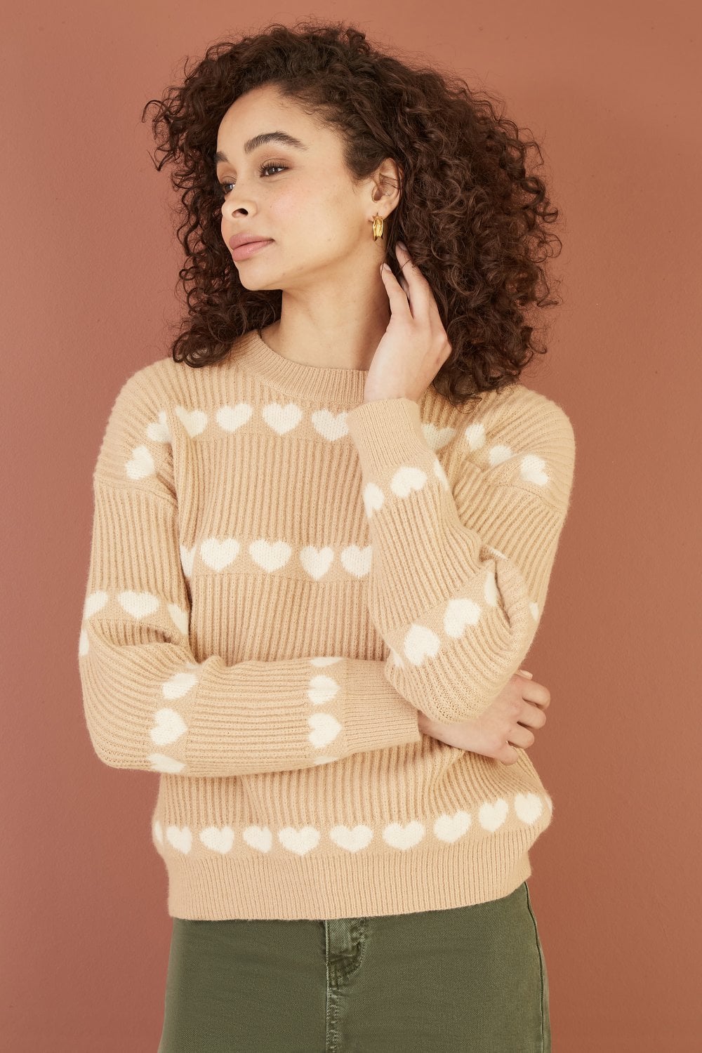 Yumi Oatmeal Knitted Jumper With Heart Stripes Yumi