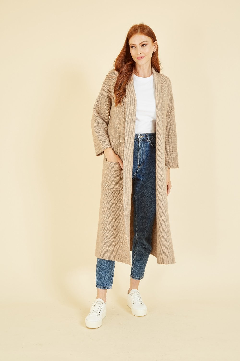 Yumi Oatmeal Knitted Maxi Cardigan With Pockets Yumi