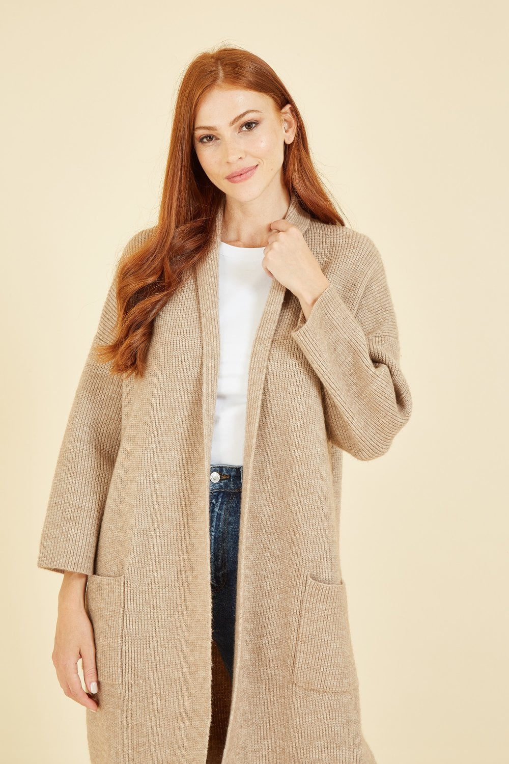 Yumi Oatmeal Knitted Maxi Cardigan With Pockets Yumi