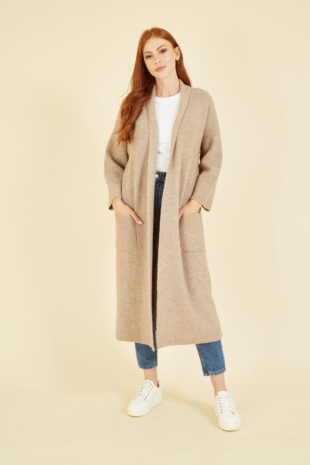 Yumi Oatmeal Knitted Maxi Cardigan With Pockets Yumi