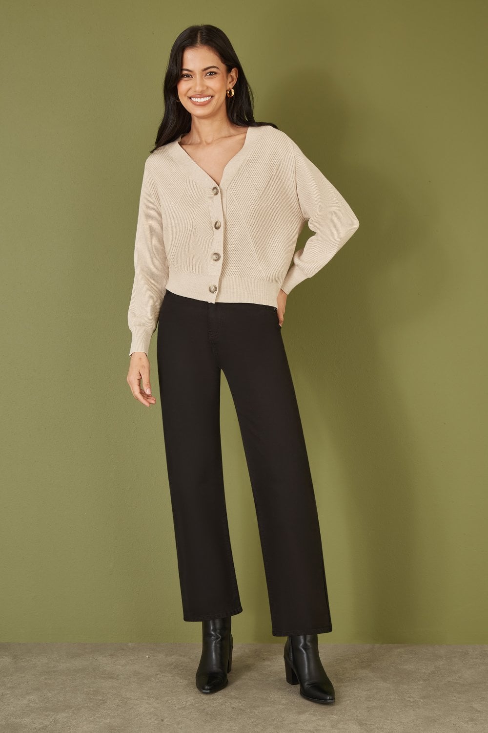 Yumi Oatmeal Relaxed Fit Cardigan With Stitch Detail Yumi