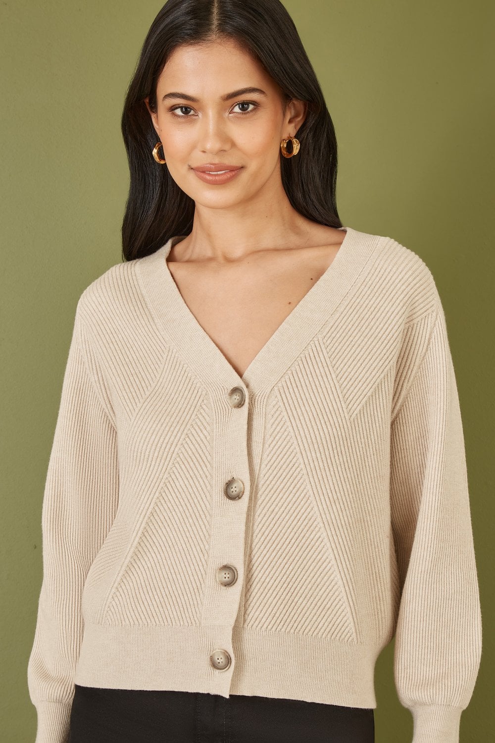 Yumi Oatmeal Relaxed Fit Cardigan With Stitch Detail Yumi