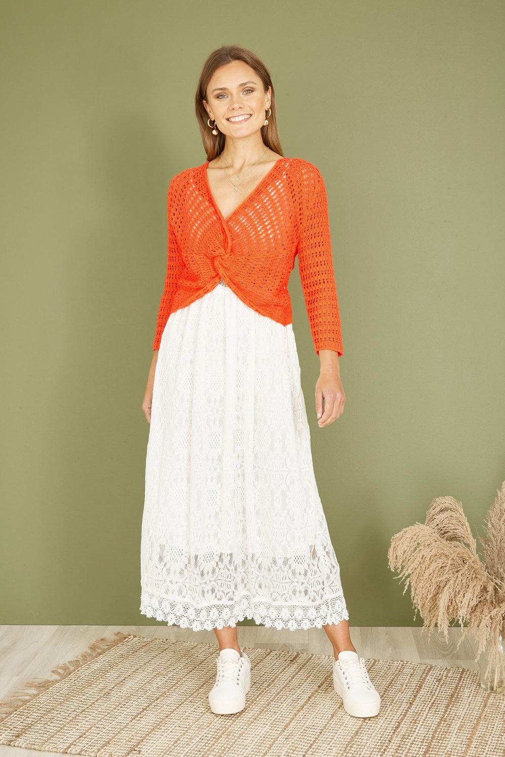 Yumi Orange Cotton Crochet Twisted Bolero Top Yumi