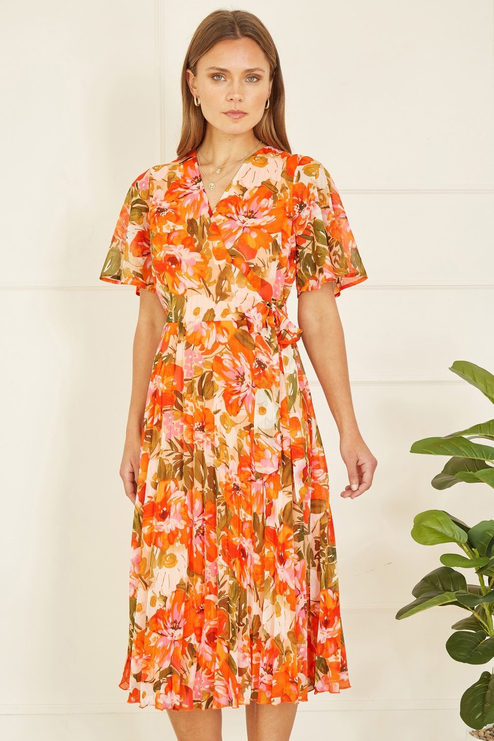 Yumi Orange Floral Midi Wrap Pleated Dress Yumi