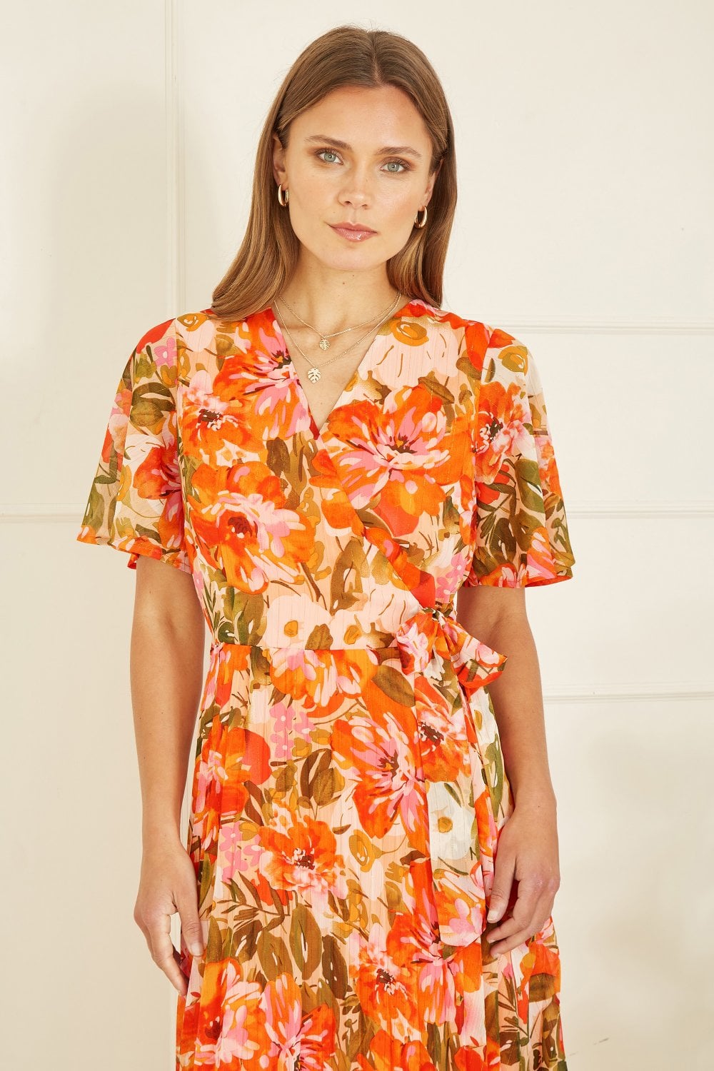 Yumi Orange Floral Midi Wrap Pleated Dress Yumi