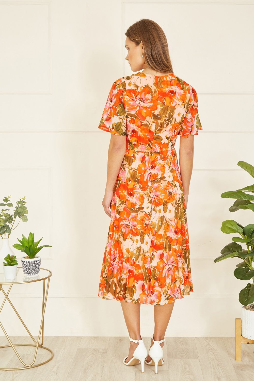 Yumi Orange Floral Midi Wrap Pleated Dress Yumi