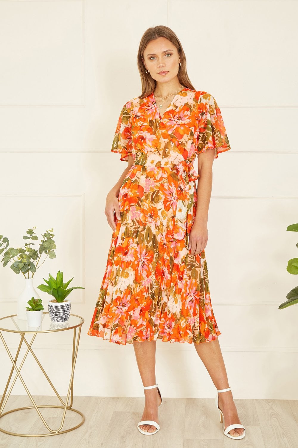 Yumi Orange Floral Midi Wrap Pleated Dress Yumi