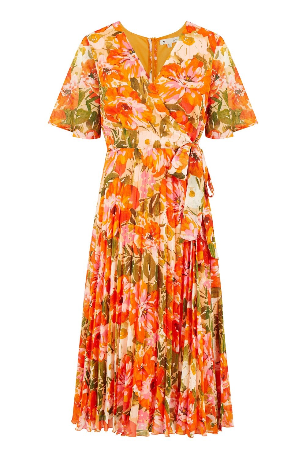 Yumi Orange Floral Midi Wrap Pleated Dress Yumi