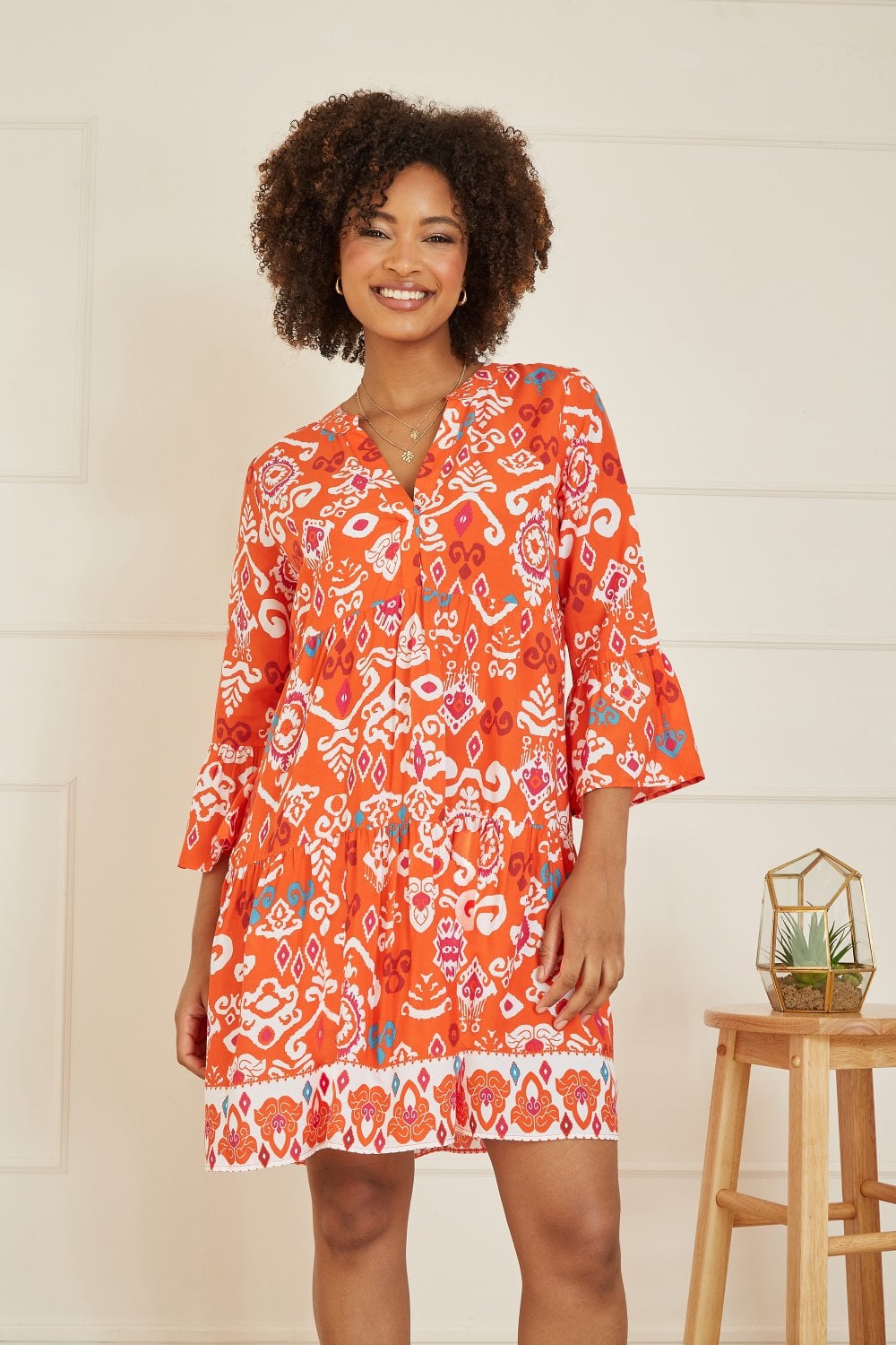 Yumi Orange Ikat Print 3/4 Sleeve Tunic Dress Yumi