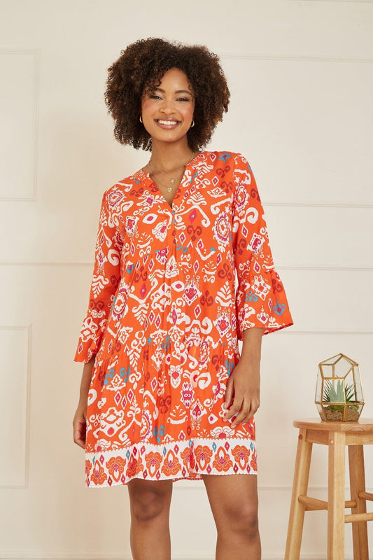 Yumi Orange Ikat Print 3/4 Sleeve Tunic Dress Yumi