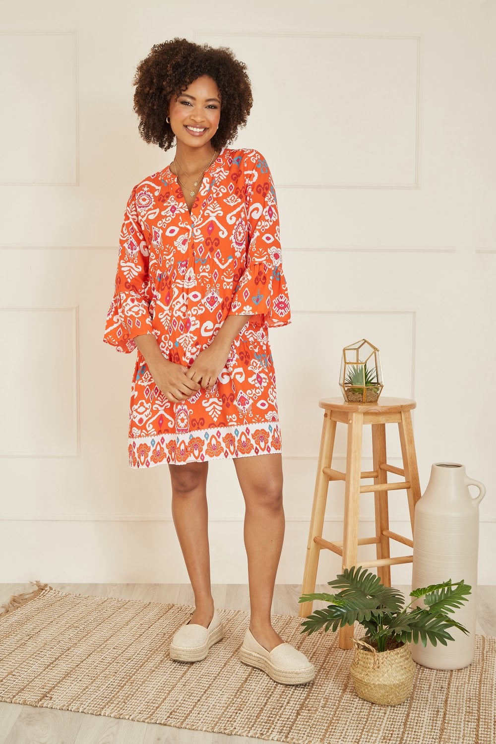 Yumi Orange Ikat Print 3/4 Sleeve Tunic Dress Yumi