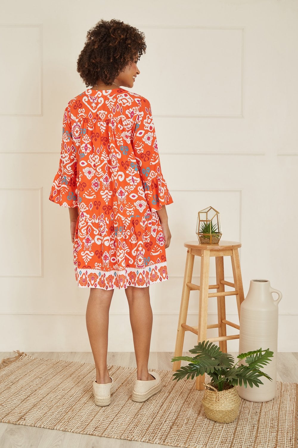 Yumi Orange Ikat Print 3/4 Sleeve Tunic Dress Yumi