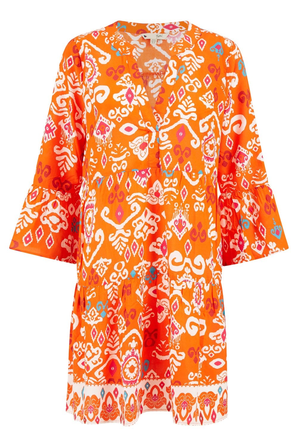 Yumi Orange Ikat Print 3/4 Sleeve Tunic Dress Yumi