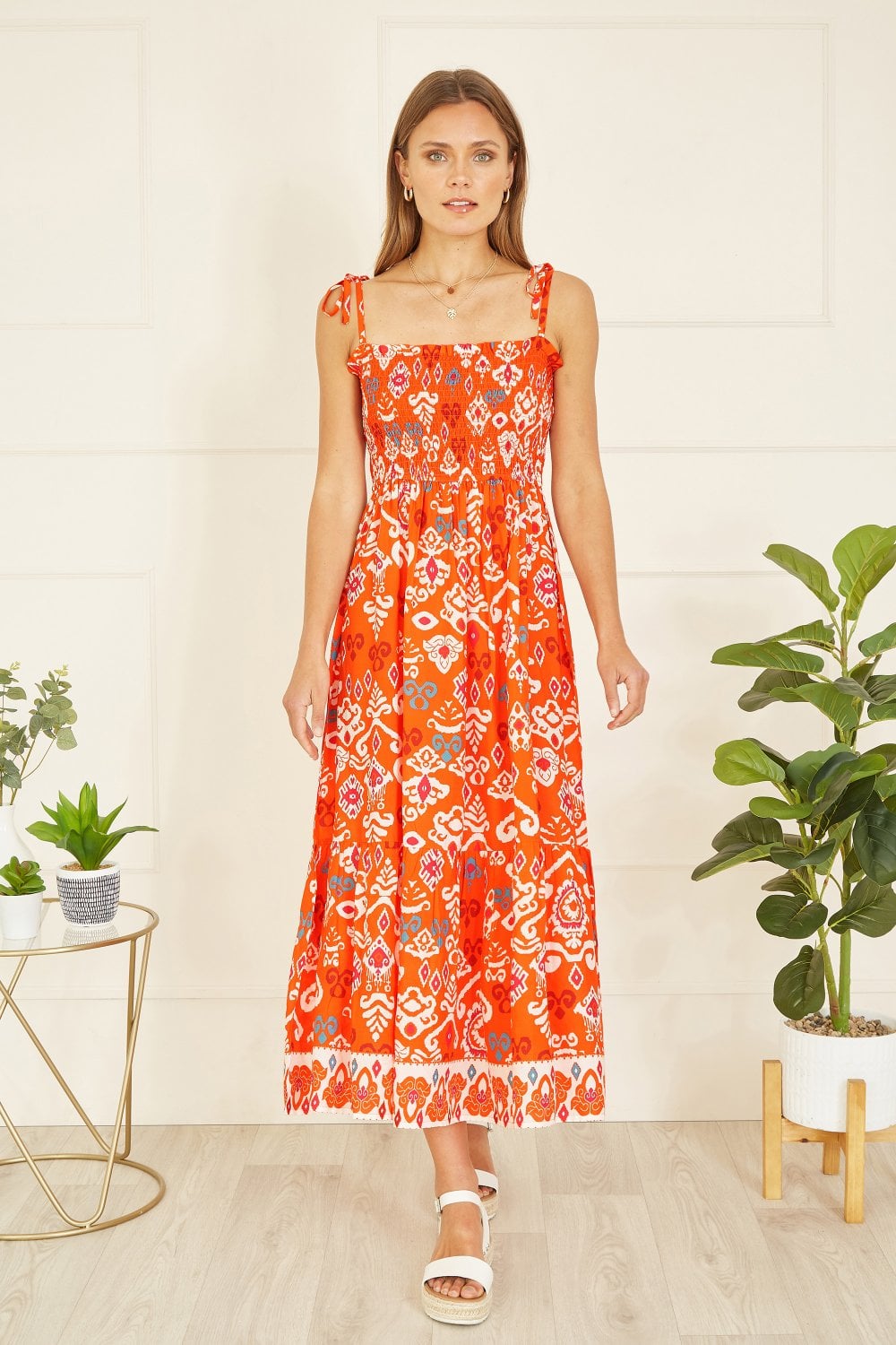 Yumi Orange Ikat Print Midi Sun Dress Yumi